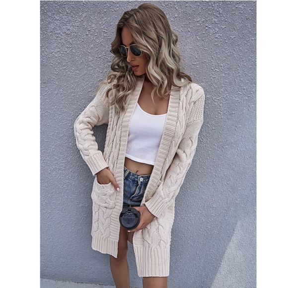 Cream Cable Knit Front Pocket Long Cardigan - Picture 3 of 12